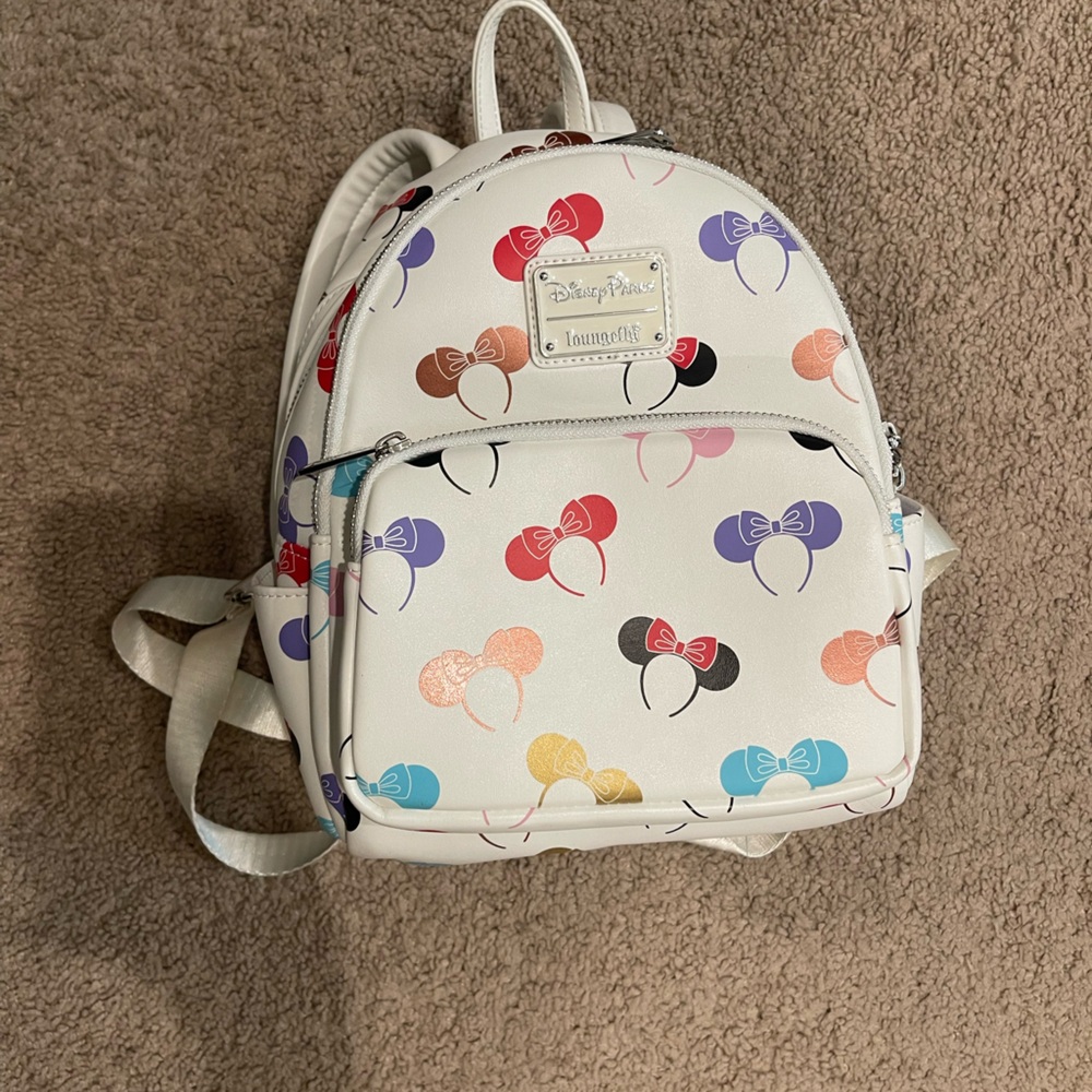 Disney Loungefly White Backpack with Colorful Bow Design